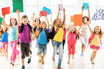 kids wearing backpacks and running with books in the air
