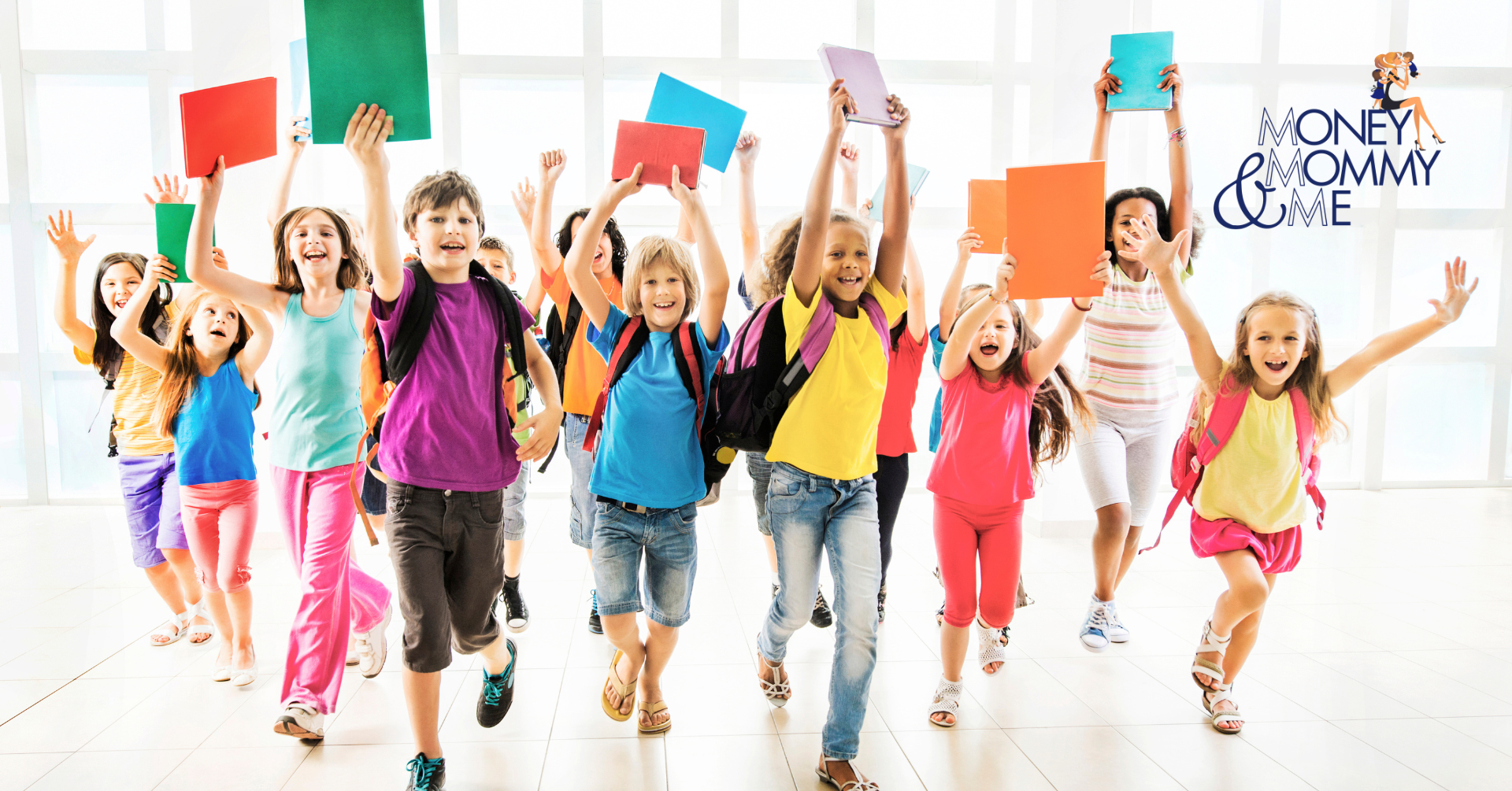 kids wearing backpacks and running with books in the air